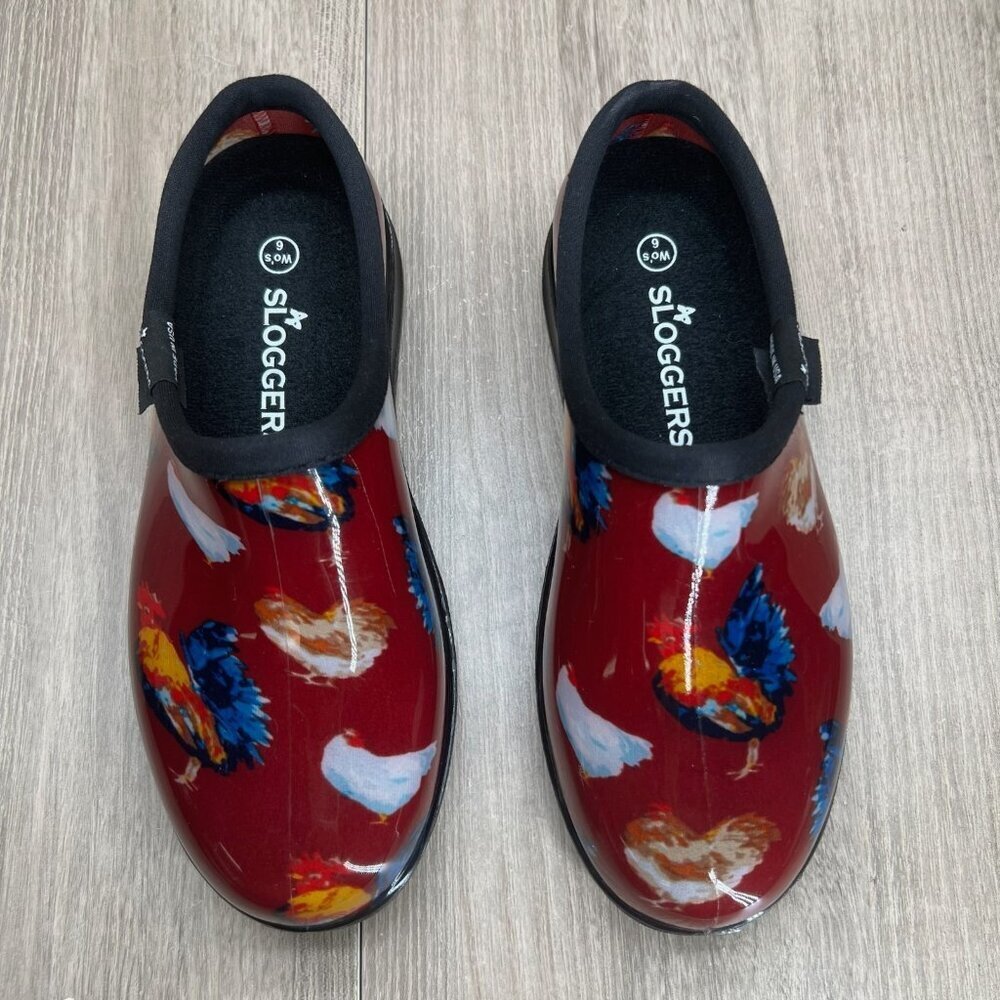 SLOGGERS Chicken Print Garden Shoes Women 6 Slip On Clog Waterproof USA Dark Red